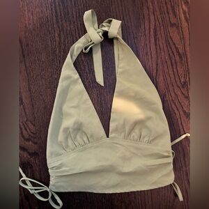 Pacsun, olive green halter top with pullable, tightening sides and zipper back